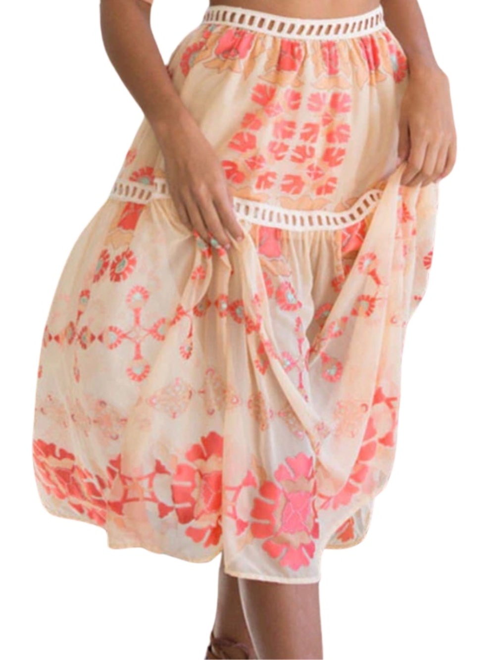 For Love & Lemons Barcelona Midi Skirt Floral Boho Crochet Trim